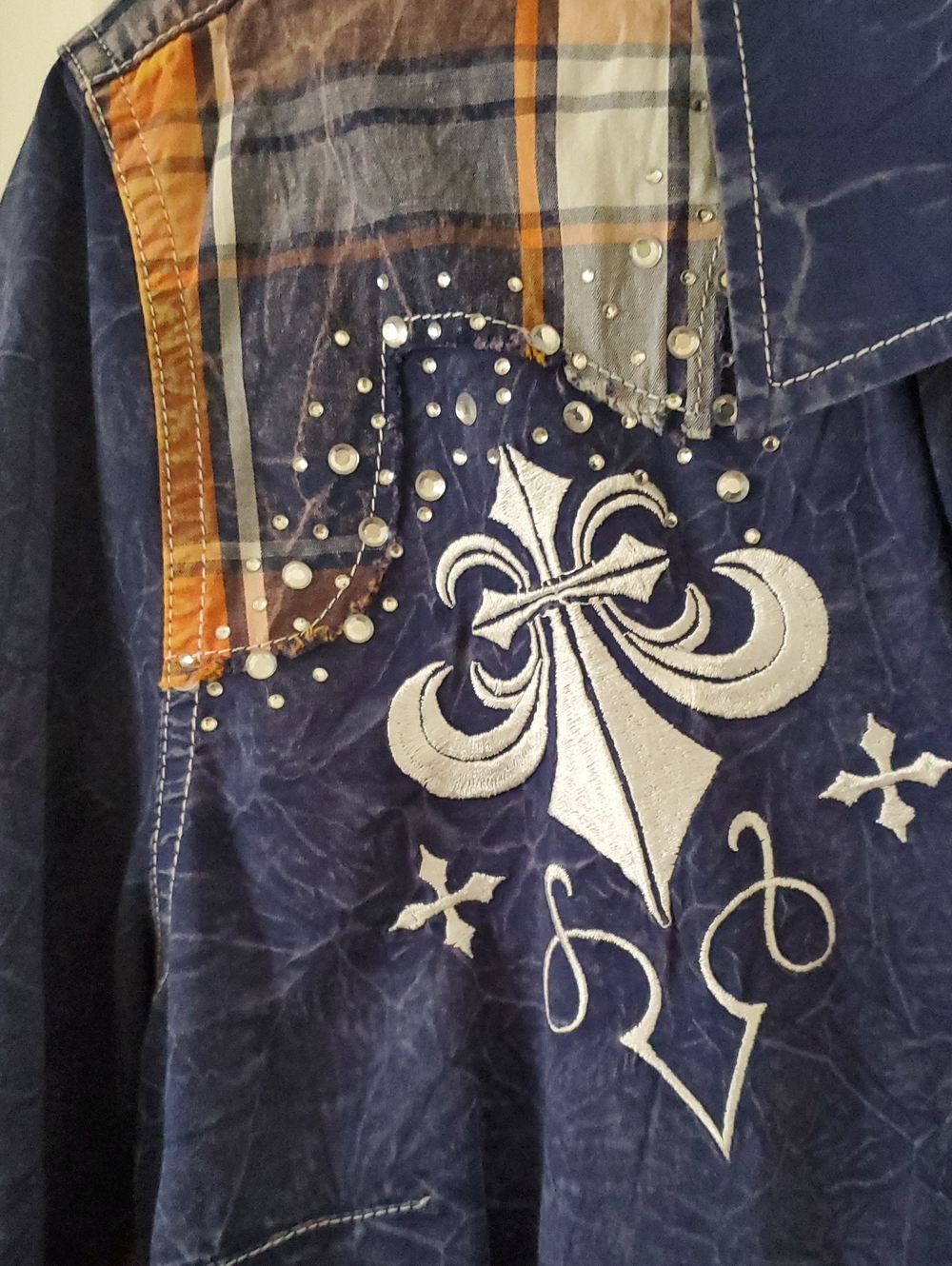 Affliction Snap Button-Front Top with Orange Plaid Accents - Picture 5 of 13